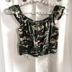 Helium London Women Top Crop Plus Size 3X Camo Y2K Flutter Button Military 18248